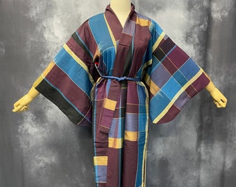 Retro Kimono, A blue purple brown Kimono ,Blue Kimono,Blue Robe,Japanese Costume,Japanese Cosplay,1950-1960 kimono,Vintage Kimono,silk belt