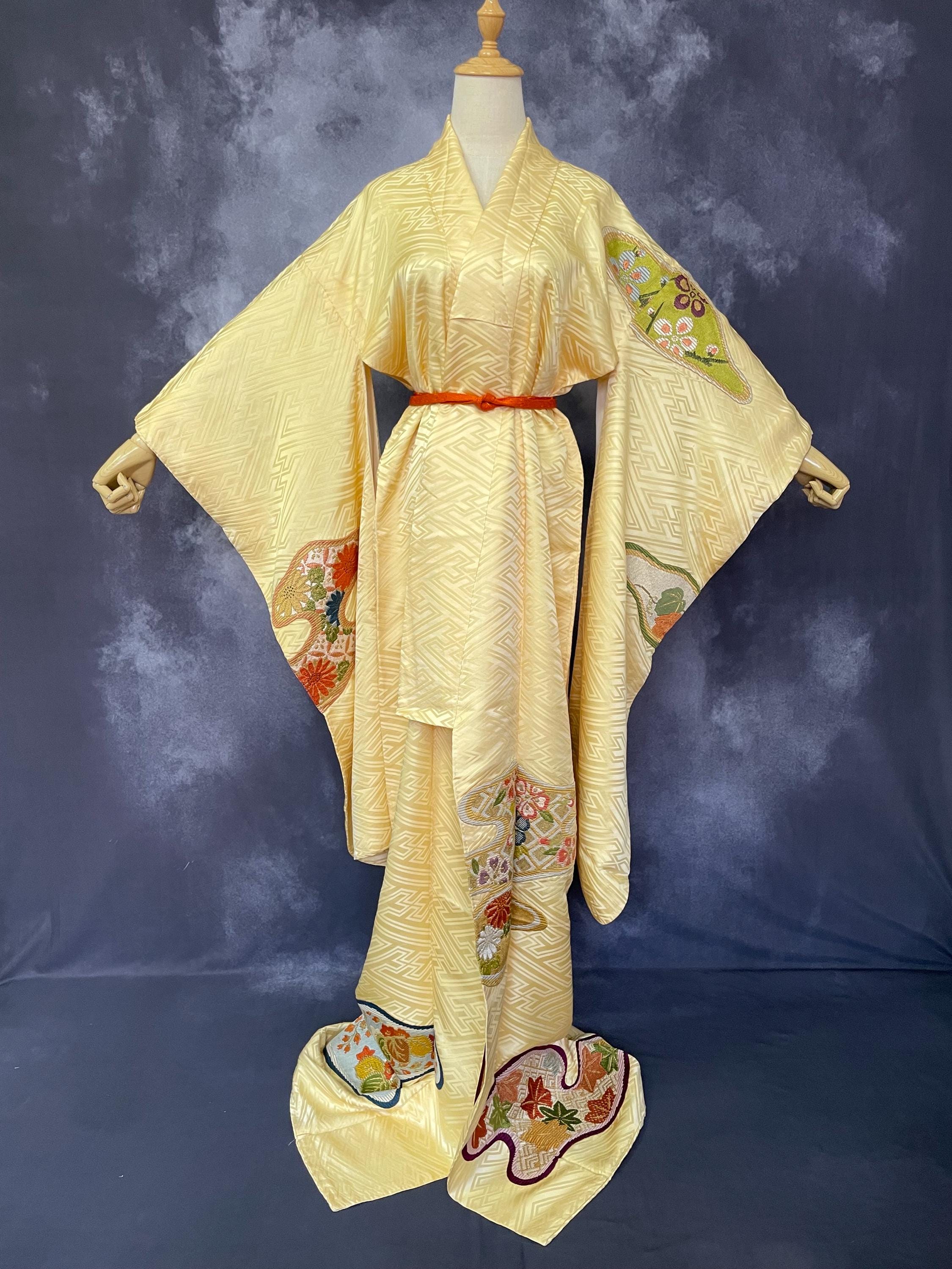 Vintage Yellow Silk Furisode Kimono: Embroidered Japanese Design