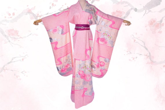Silk Pink kimono,Japanese Chrysanthemum furisode k