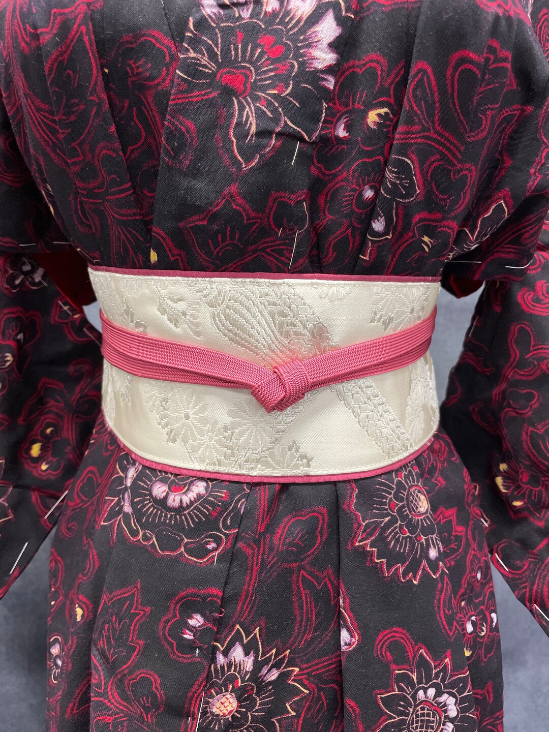 Obi Japanese style Wrap belt handcrafted silk ties upcycled department tile NFS Black Obi Waist Belt With Floral Japanese Frieze of  main image 3