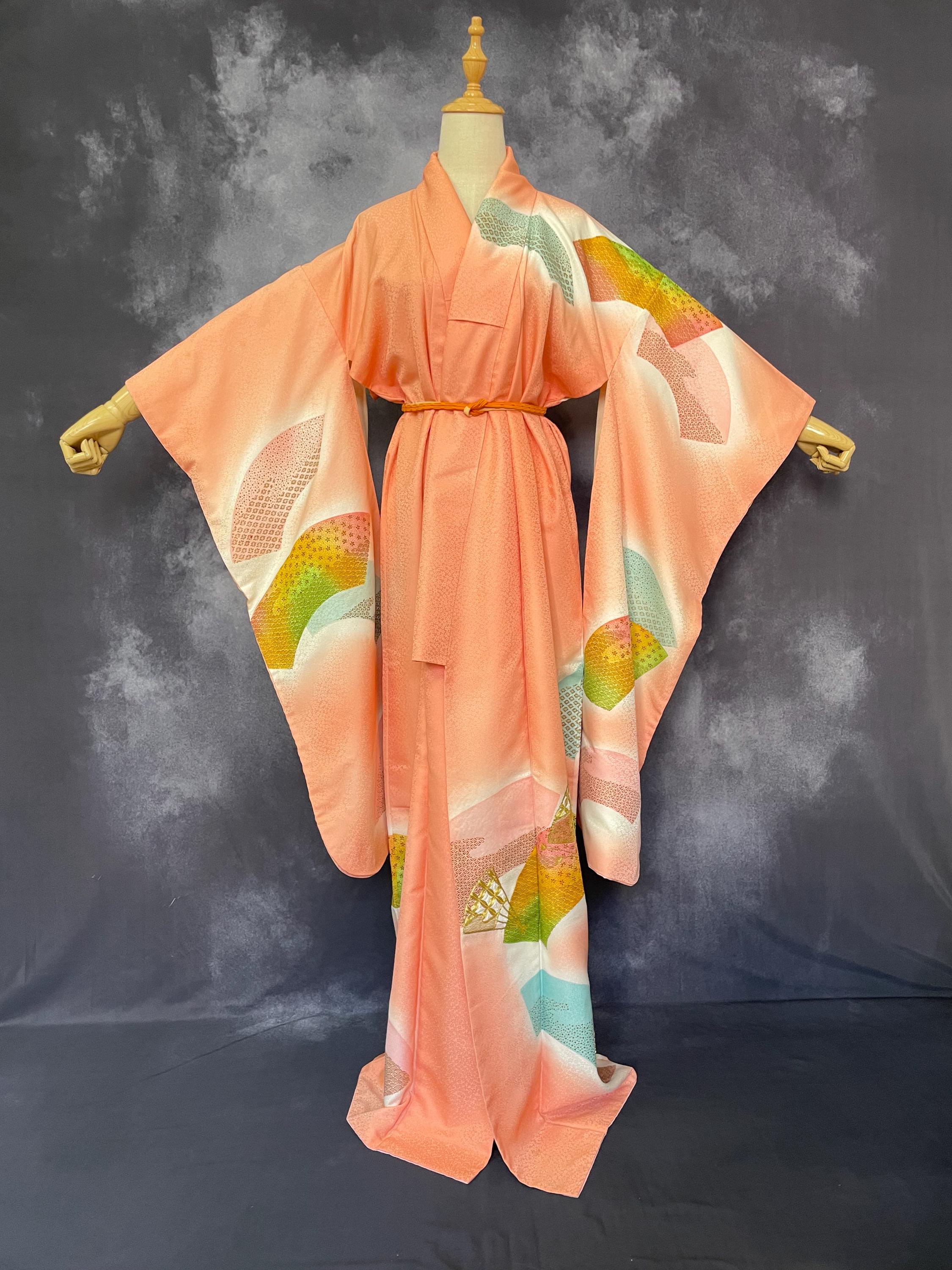 Vintage Salmon Pink Furisode Kimono: Abstract Sakura Silk, Long