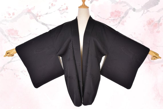 Black Silk Vintage cloud Kimono,Silk Black Haori k