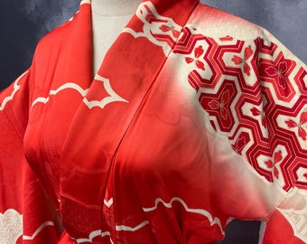 菓子 kinono A Beautiful Vibrant Red-orange Silk Furisode Kimono, Red Kimono