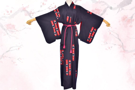 Women's Japanese vintage Navy Blue & Red silk Kimo