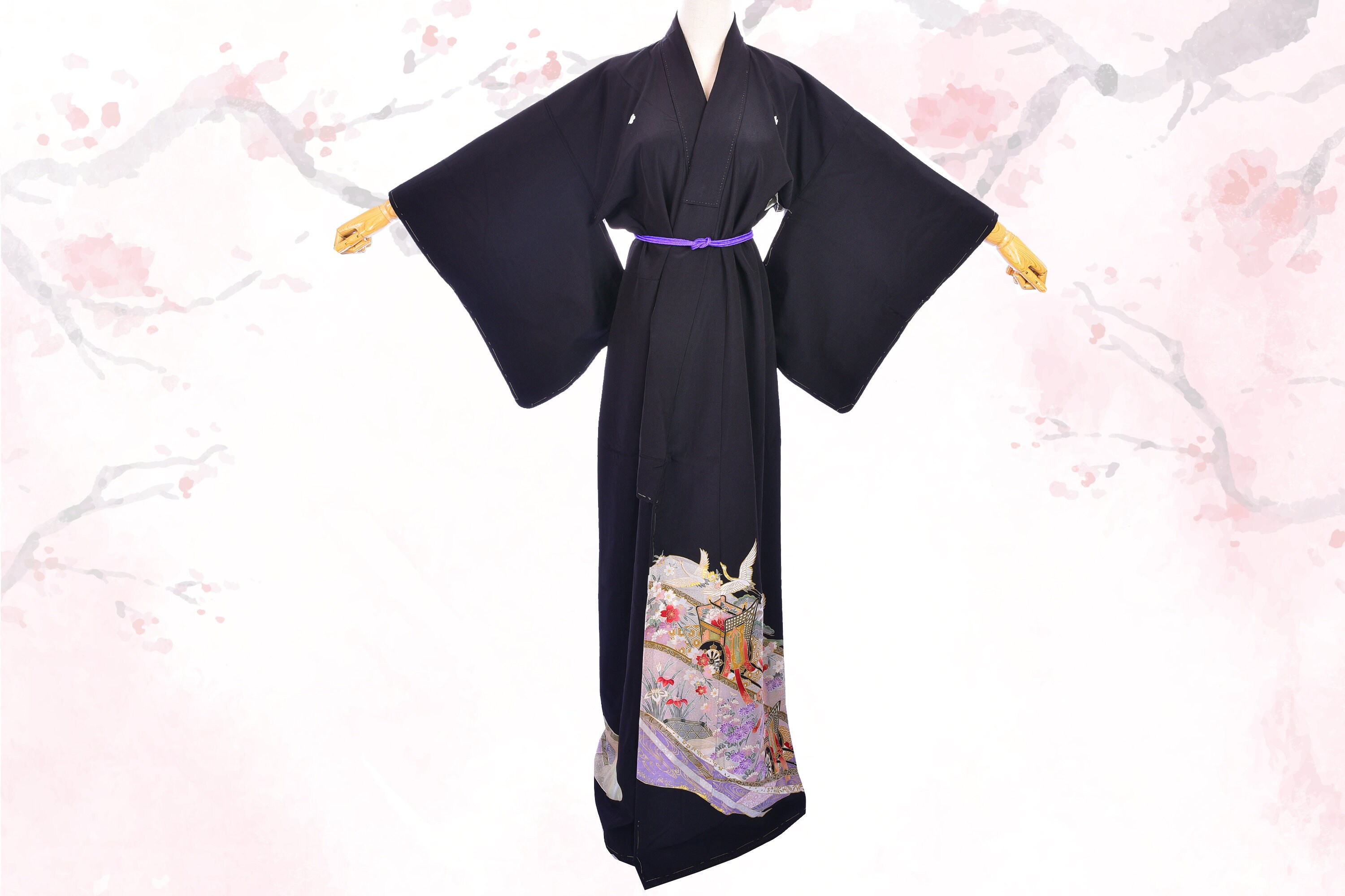 Women's Vintage Black Purple Carriage Kimono/japanese
