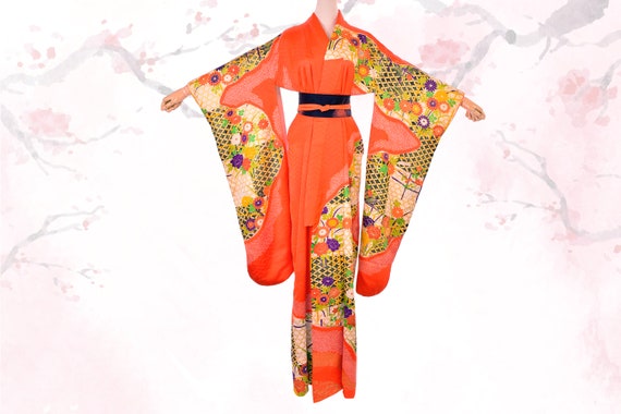 Japanese Traditional Women Short Furisode Floral Kimono Cosplay Costume 4 Colors