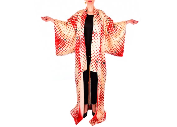Women's vintage red and beige silk kimono robe,Jap