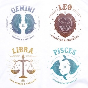 May include: A set of four zodiac signs, each with a different color scheme and symbol. Gemini is blue and purple, Leo is orange and brown, Libra is gold and brown, and Pisces is blue and green. Each sign has a short description of its personality traits.