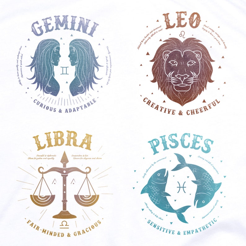 May include: A set of four zodiac signs, each with a different color scheme and symbol. Gemini is blue and purple, Leo is orange and brown, Libra is gold and brown, and Pisces is blue and green. Each sign has a short description of its personality traits.