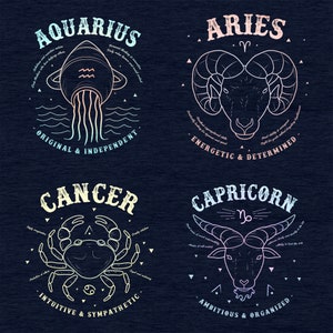 May include: A set of four zodiac signs, each with a different astrological symbol and a description of the sign's personality traits. The signs are Aquarius, Aries, Cancer, and Capricorn. The signs are illustrated in a vintage style with a white outline on a dark blue background.