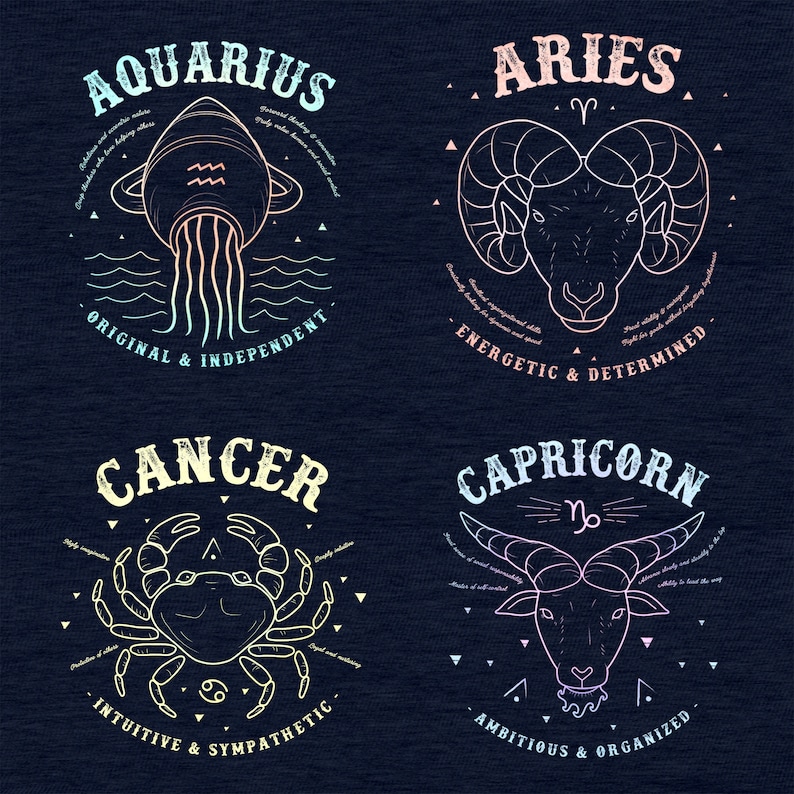 May include: A set of four zodiac signs, each with a different astrological symbol and a description of the sign's personality traits. The signs are Aquarius, Aries, Cancer, and Capricorn. The signs are illustrated in a vintage style with a white outline on a dark blue background.