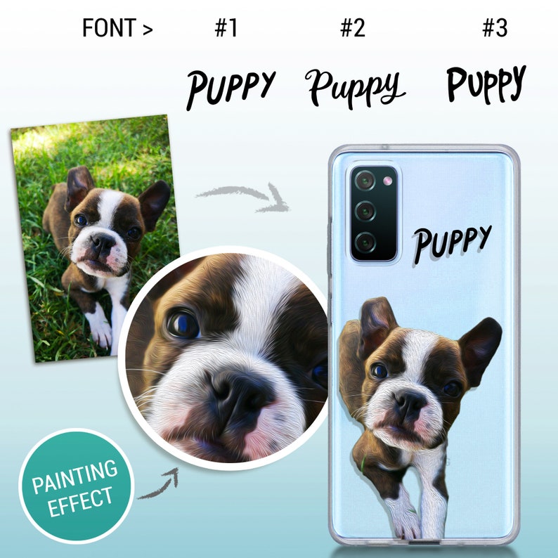 May include: A clear phone case with a painted image of a brown and white puppy. The puppy is looking at the camera. The text "PUPPY" is printed on the case in a black font.