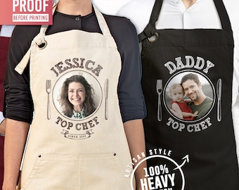 Personalized Photo Chef Apron with Name, Custom Cooking Kitchen Apron, Mother’s Day Gift, Father’s Day Present, Culinary Outfit