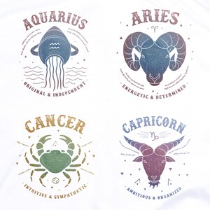 May include: A set of four zodiac signs with their corresponding symbols and traits. The signs are Aquarius, Aries, Cancer, and Capricorn. Each sign is depicted with a stylized illustration of the animal associated with the sign. The illustrations are in a vintage style with a faded color palette.