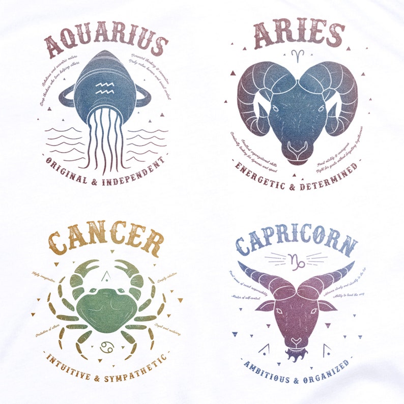 May include: A set of four zodiac signs with their corresponding symbols and traits. The signs are Aquarius, Aries, Cancer, and Capricorn. Each sign is depicted with a stylized illustration of the animal associated with the sign. The illustrations are in a vintage style with a faded color palette.