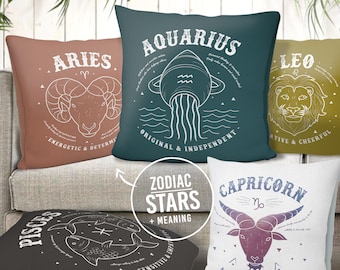 Zodiac Star Pillow, Horoscope Cushion, Personalized Home Decor, Mother’s Day Gift, Father’s Day Present, Birthday Idea for Family