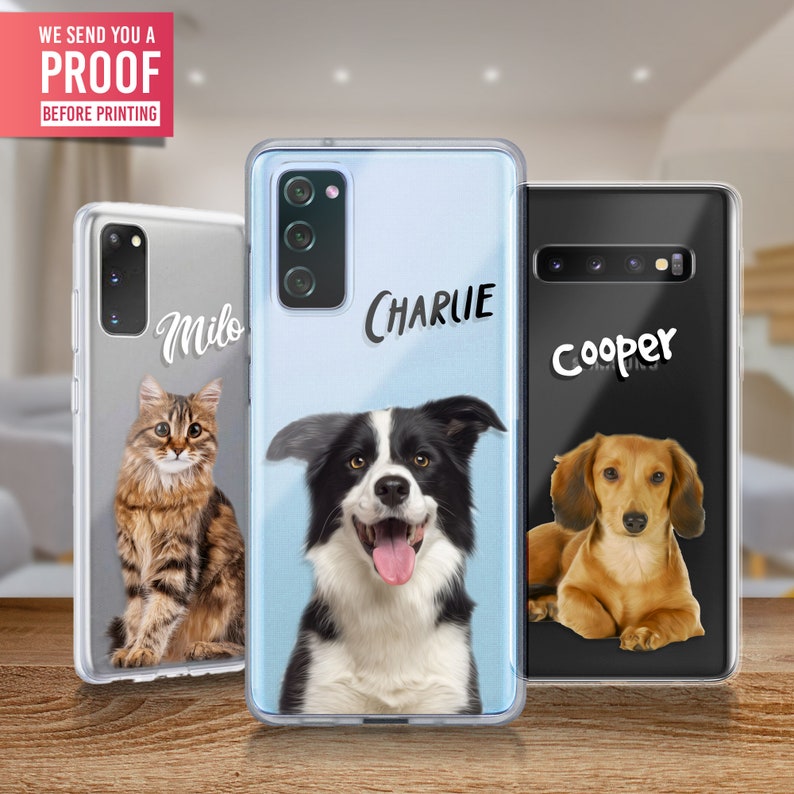 May include: Three clear phone cases with personalized pet portraits. The first case features a cat named Milo, the second case features a dog named Charlie, and the third case features a dog named Cooper.
