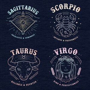 May include: A graphic design illustration of the zodiac signs Sagittarius, Scorpio, Taurus, and Virgo. Each sign is depicted with its corresponding symbol and a short description of its personality traits. The background is a dark blue color.