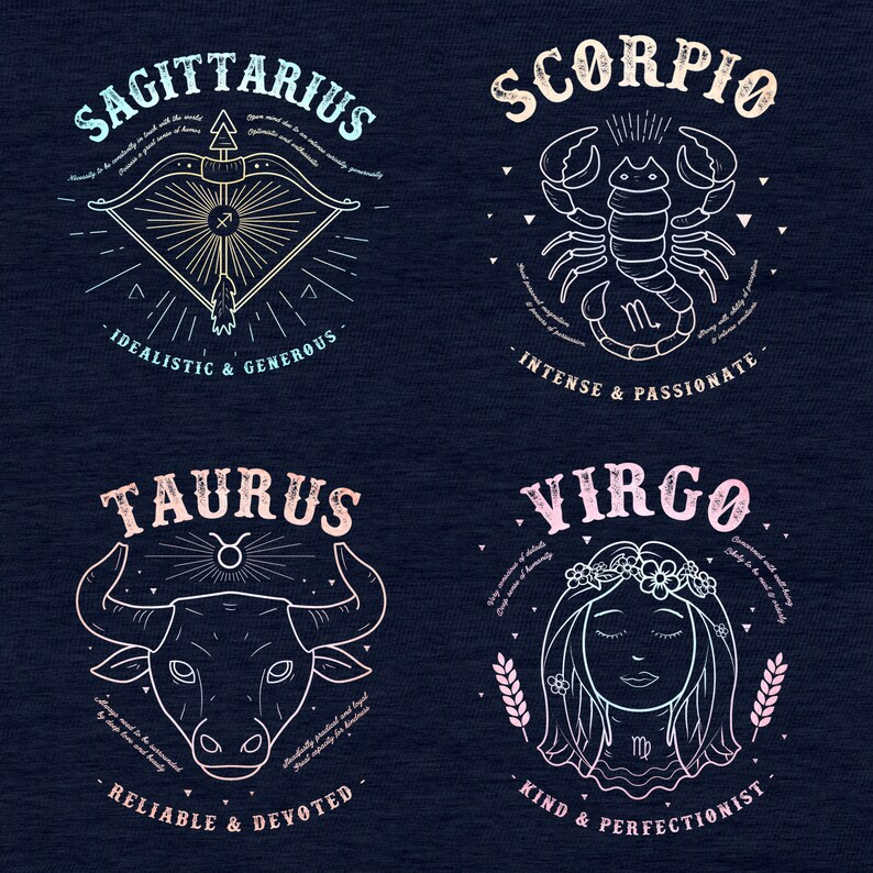 May include: A graphic design illustration of the zodiac signs Sagittarius, Scorpio, Taurus, and Virgo. Each sign is depicted with its corresponding symbol and a short description of its personality traits. The background is a dark blue color.