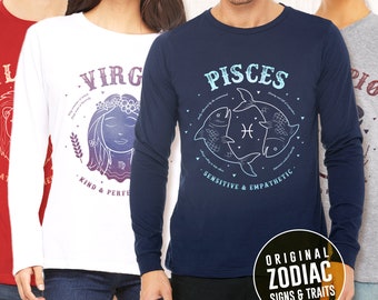 Personalized Zodiac Long Sleeve Shirt, Custom Astrology Horoscope Tee, Birthday Anniversary Retirement Party Gift for Him Her
