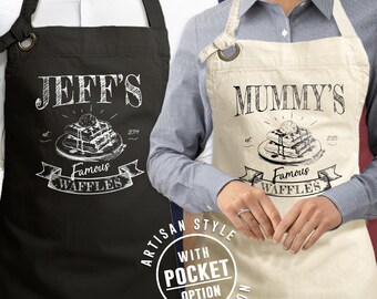 Custom Waffles Apron with Name, Funny Kitchen Apron with Pockets, Mother’s Day Gift, Father’s Day Present, Breakfast Chef Outfit