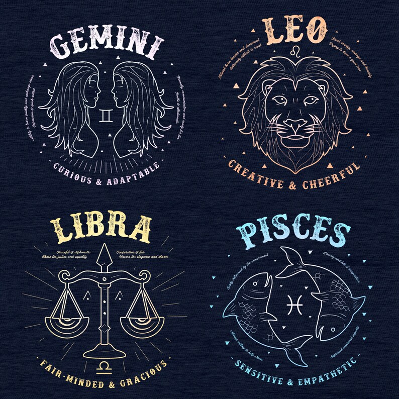 May include: Four zodiac signs are illustrated in a circular design with a dark blue background. The signs are Gemini, Leo, Libra, and Pisces. Each sign is outlined in white and has a different color fill. The signs are accompanied by their astrological symbols and a short description of their traits.