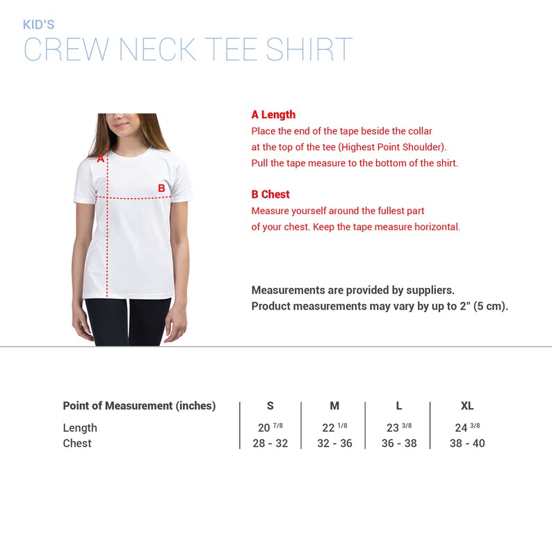 May include: A size chart for a crew neck tee shirt with measurements in inches for length and chest. The chart shows sizes S, M, L, and XL.