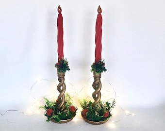 Merry Kitschy Christmas Plastic Flocked Candles and Candles Sticks / Holiday Candle Holders & Candles / Retro Kitschmas Christmas