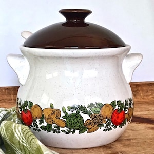 Mid-Century Soup Tureen with Lid and Ladle / Rustic Farm to Table Speckled Ceramic Vegetable Design / Soup & Stew Pot / Grandmacore