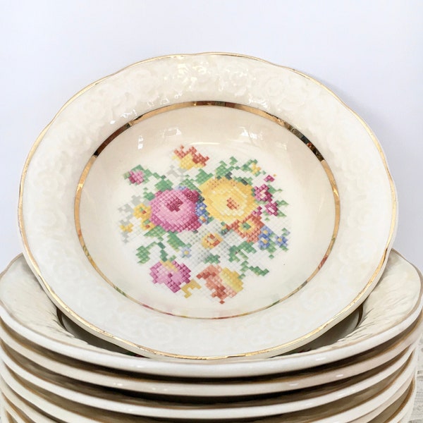 2 X Sovereign Canada British Empire Made Fruit Dessert Bowl / Cross Stitch Needle Point Floral 453-38 / Embossed Scalloped Rim / Gilded Trim