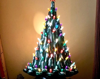 LARGE 20" Green Lava Drip Ceramic Christmas Tree / Atlantic Mold Lighted Volcano Ceramic Tree / Multi Color Bulbs / Retro Christmas Decor