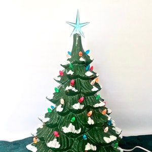 14&quot; Green Ceramic Christmas Tree / Flocked Branches / Tabletop Ceramic Christmas Tree / Retro Illuminated Ceramic Tree / Vintage Vibes