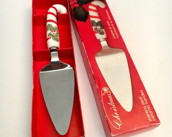 Woolworth Ceramic & Stainless Steel Candy Cane Cake Server with Original Box / Holly Leaves and Berries / Holiday Serving / Christmas Table
