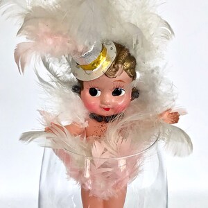 40s Celluloid Doll / Retro Carnival Prize / Novelty Toy / Celluloid Show Girl / Kewpie Doll / Elastic Joint Posable Arms / Glass Beads