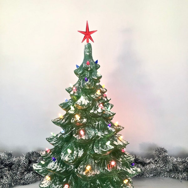X Large Green Ceramic Christmas Tree with Gift and Toy Base / Fun & Colorful Ceramic Tree / Retro Christmas Decor / Illuminated Ceramic Tree