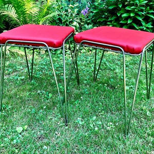 Pair Reupholstered Mid Century Stacking Stools / Matching Red Stools with Hairpin Legs & Cushioned Seats / 60s Decor / Mid Century Retro
