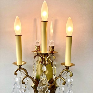 Vintage Solid Brass 3 Socket Wall Sconce with Crystal Drops, Prisms, Leafs, Spears & Obelisks / 2 Sizes / MCM Brass / Rococo Neoclassical