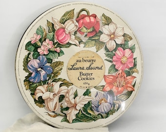 Vintage Laura Secord Butter Cookie Tin / Collectible Tin / Provincial Flowers / Canadian Provinces / Round Biscuit Tin / Tin Collector