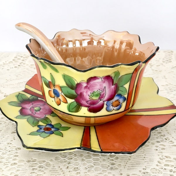 ensemble de vaisselle lotus japonais vintage / bol à mayonnaise lustre peint à la main, soucoupe et cuillère / bol à compote / bol à condiments