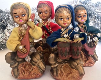 Set of Four (4) Tilso Hand Painted Golden Pixie Ornaments & Original Box /  Vintage Elf Musician / Hong Kong / Retro Christmas Decor /