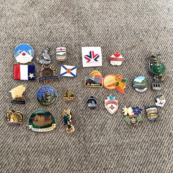 Souvenir Lapel Pins / Canadian, US & European Collectible Travel Pin Sets / '76 Montreal Olympic Pin / '78 Commonwealth Games Pin / Tie Tack