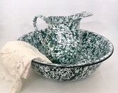 Vintage Graniteware Enamel Pitcher Basin Farm House Speckled Enamelware Marbled Country Bathroom Decor Enamel Bowl and Pitcher