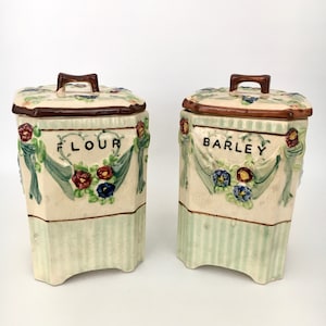 Vintage Flour & Barley Canisters / Country Kitchen Decor / Farmhouse Kitchen Style / Japan Ceramics / Japan Ceramic Canister