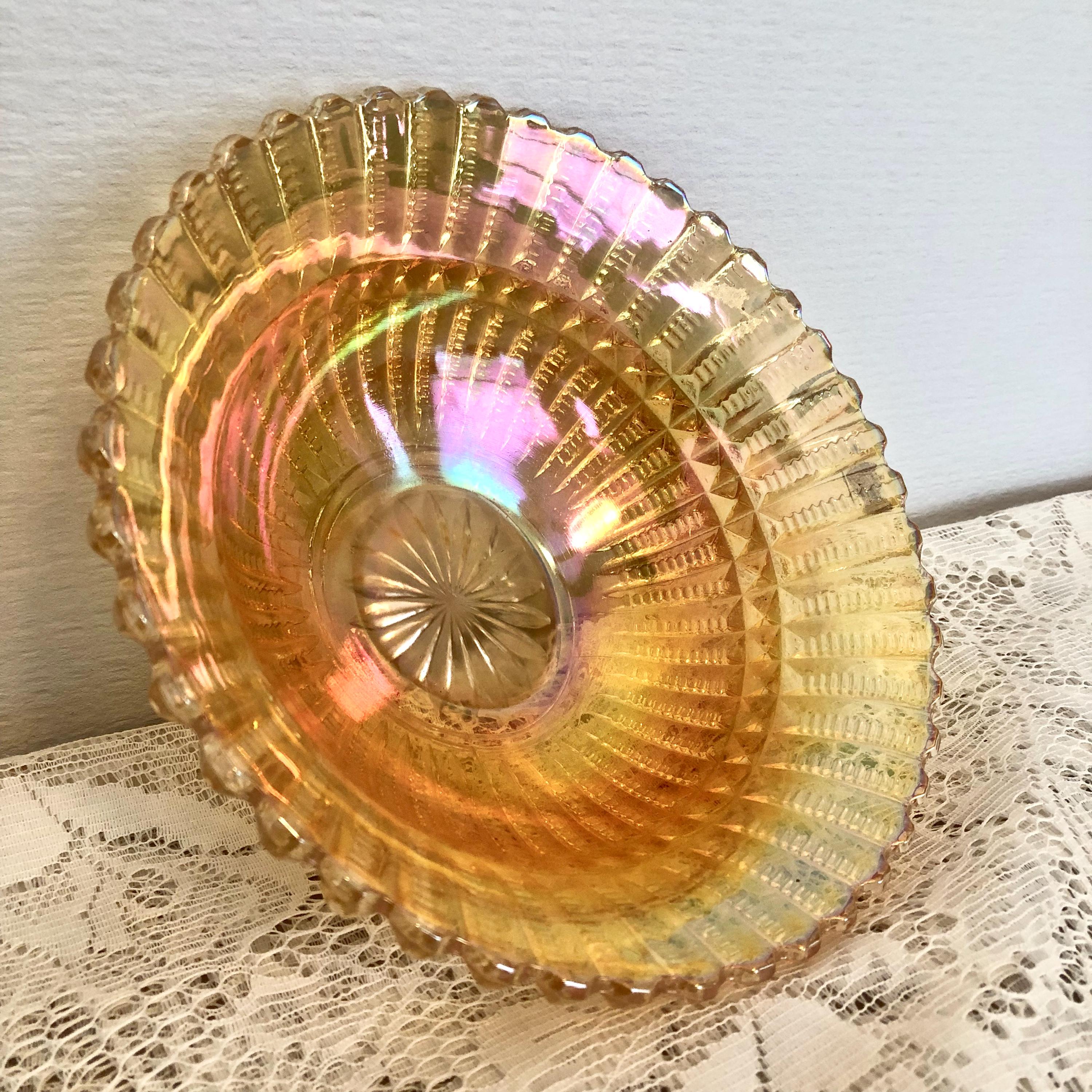 7" Imperial Carnival Glass Footed Bowl / Iridescent Marigold Color ...