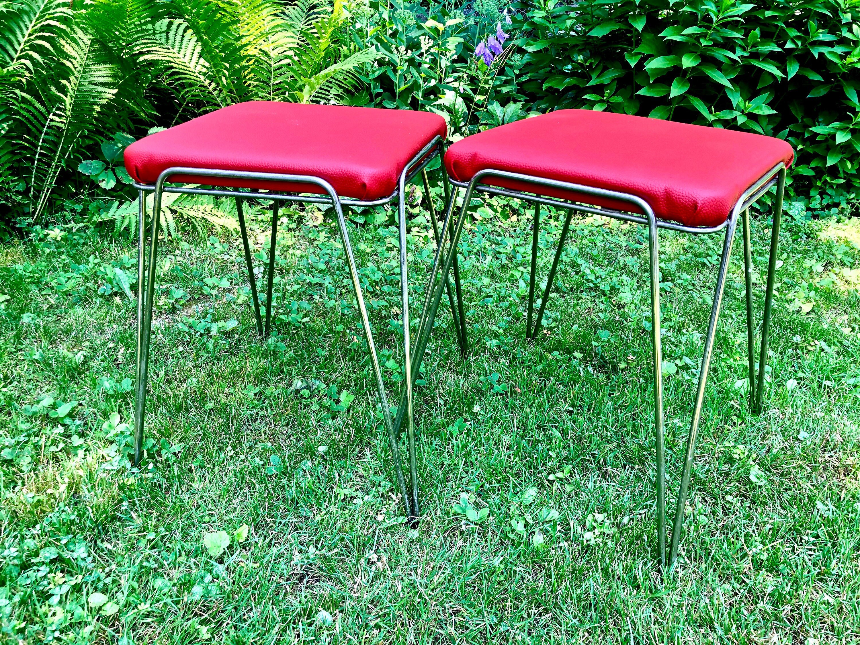 Pair Reupholstered Mid Century Stacking Stools / Matching Red Stools ...
