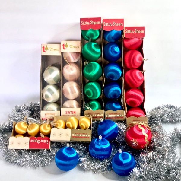 Vintage Silk Satin Wrapped Unbreakable Ornaments  / Chenille Pipe Cleaner Stems / Original Boxes / Alderbrook Satin Sheen / Tinsel Japan