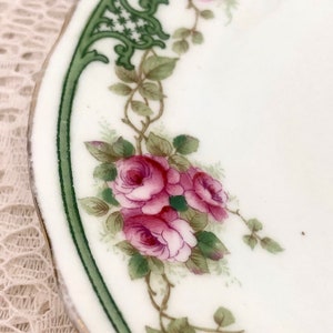 Aynsley Bone China 6 1/8 Side Plate / Pink Wild Roses Green Scrollwork Band / Trinket Dish / Bathroom Soap Dish / Ring Dish / Change Dish image 2