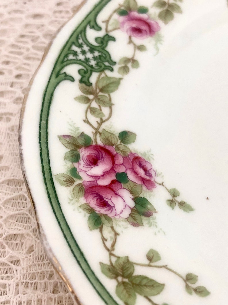 Aynsley Bone China 6 1/8 Side Plate / Pink Wild Roses Green Scrollwork Band / Trinket Dish / Bathroom Soap Dish / Ring Dish / Change Dish image 2