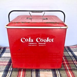 Vintage Red Metal Poloron Industries Cola Cooler / Retro Picnic Cooler with Bottle Opener / Camping & BBQ Gear / Classic Red Metal Ice Chest