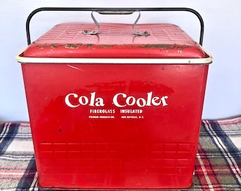 Vintage Red Metal Poloron Industries Cola Cooler / Retro Picnic Cooler with Bottle Opener / Camping & BBQ Gear / Classic Red Metal Ice Chest
